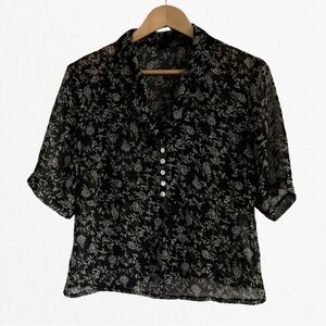 Vintage Y2K Thomo Women’s Black Sheer Silk Button-up Blouse with Peplum